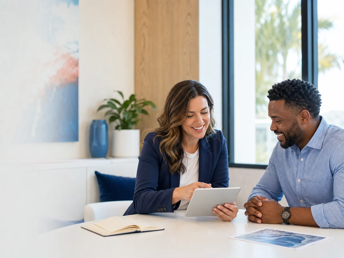 A marketing consultant reviewing a growth plan with a business owner